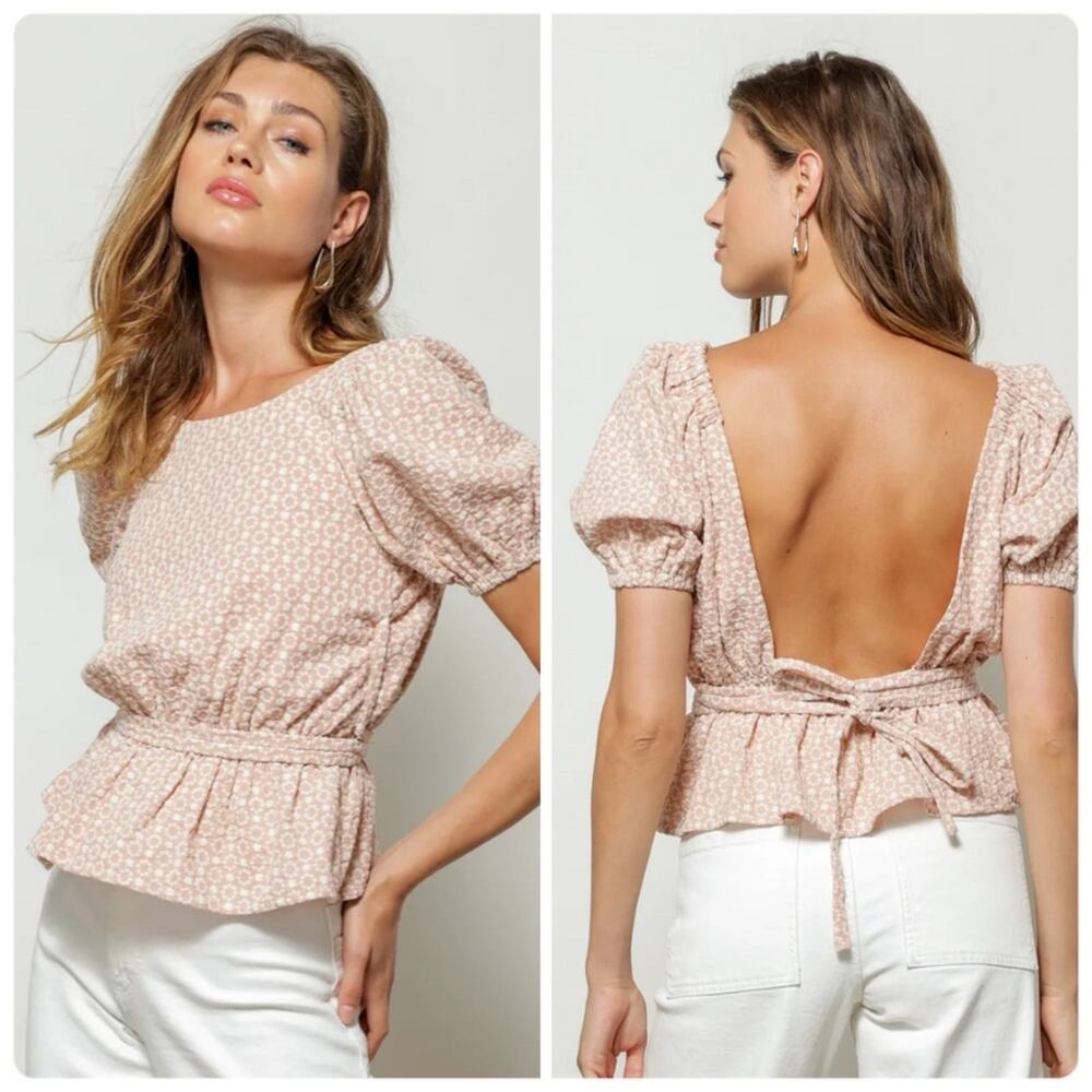 Line & Dot Pink “Flamingo” Floral Embroidered Puff Sleeve Open Back Blouse Sz L
